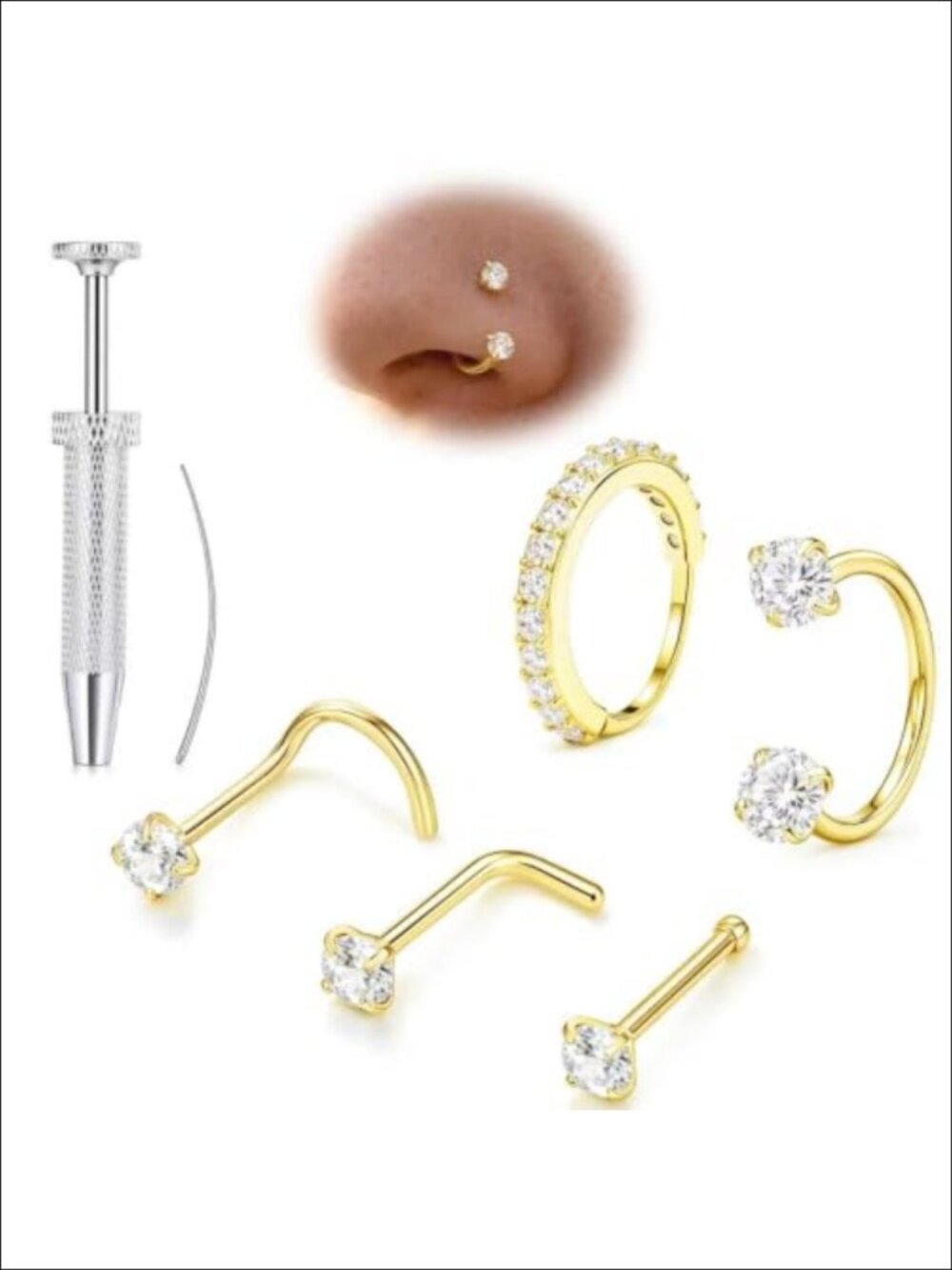 5PCS 20G Surgical Steel Nose Ring Studs Hoops CZ Piercing Set